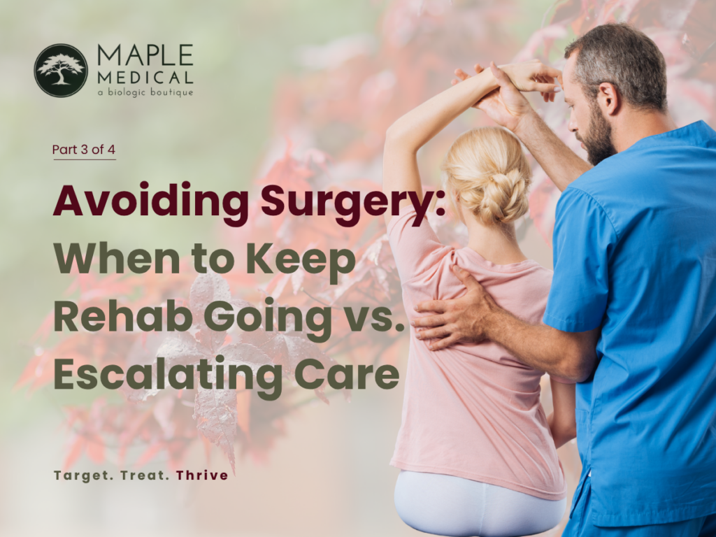 Clinician guiding a patient's shoulder stretch during rehabilitation as part of non-surgical care